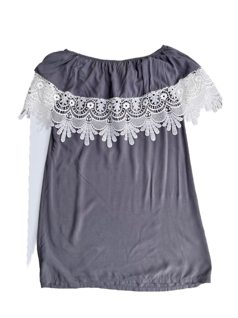 Swell Off Shoulder Gray Crochet Lace Dress Medium Rayon Boho NWT No Tags M - Picture 1 of 7